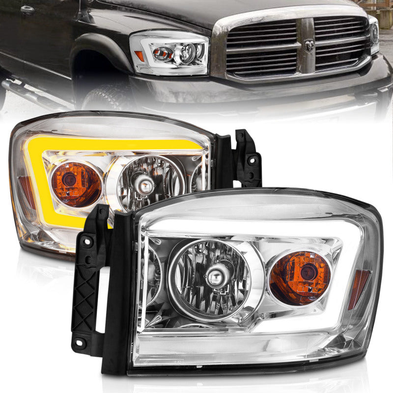 ANZO 06-09 Dodge RAM 1500/2500/3500 Headlights Chrome Housing/Clear Lens (w/Switchback Light Bars) Headlights ANZO