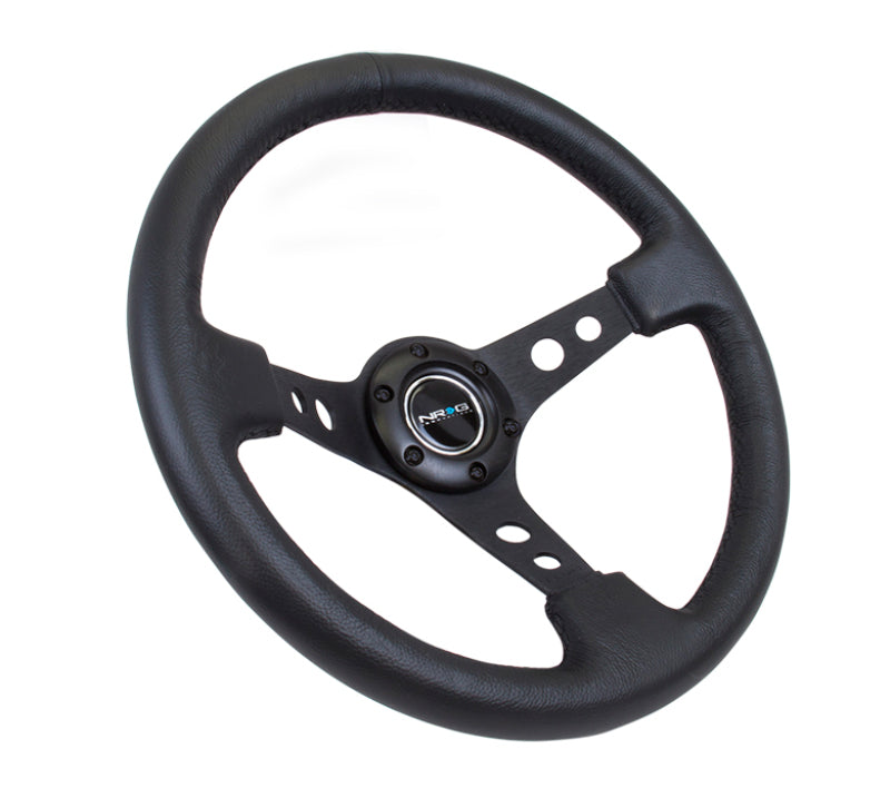 NRG Reinforced Steering Wheel (350mm / 3in. Deep) Blk Leather w/Blk Spoke & Circle Cutouts Steering Wheels NRG