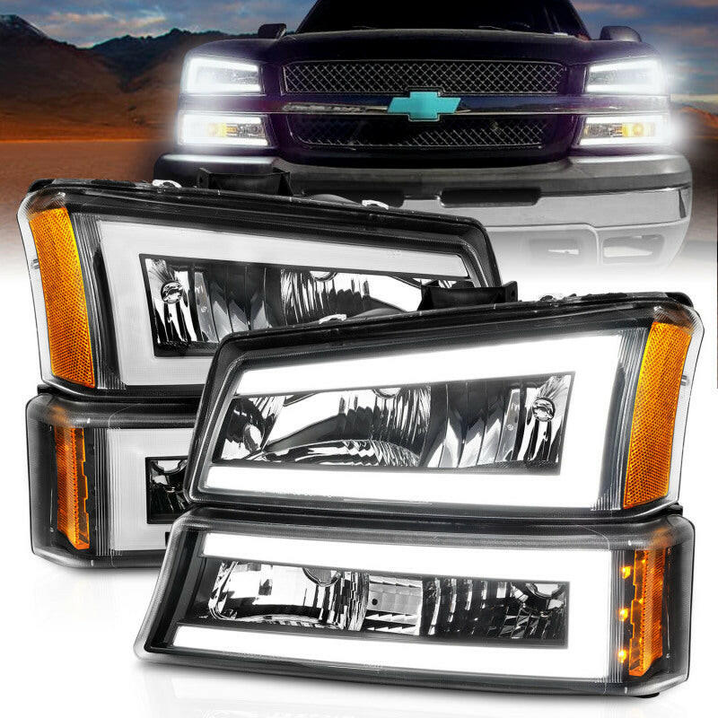 ANZO 2003-2006 Chevrolet Silverado 1500 Crystal Headlights w/ Light Bar Black Housing Headlights ANZO