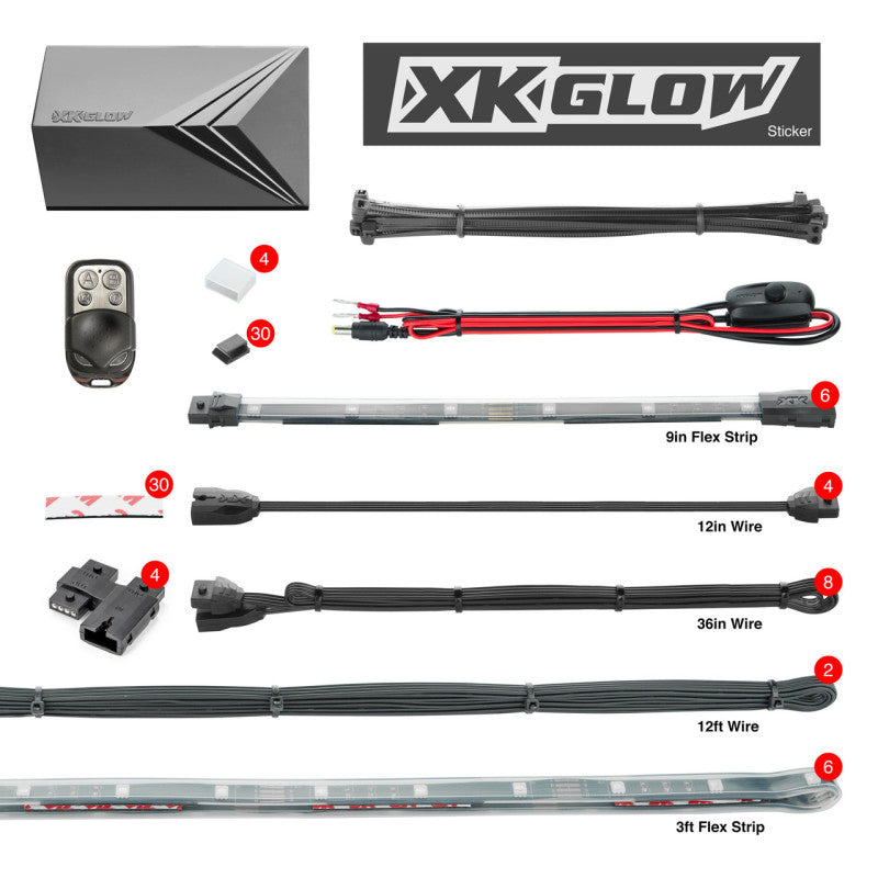 XK Glow Flex Strips 2 Million Color XKGLOW LED Accent Light Marine/Boat Kit 6x36In Strips + 6x 10In Light Accessories and Wiring XKGLOW