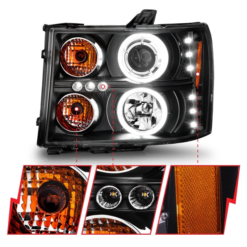 ANZO 2007-2013 GMC Sierra 1500 Projector Headlights w/ Halo Black Headlights ANZO