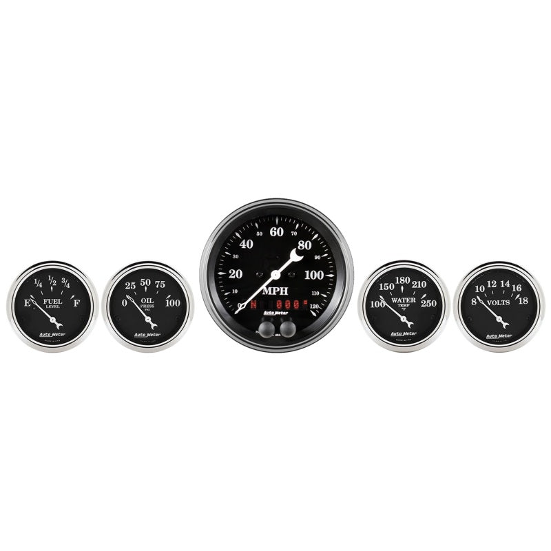 Auto Meter Gauge Kit 5 pc. 3 3/8in & 2 1/16in GPS Speedometer Old Tyme Black Gauges AutoMeter