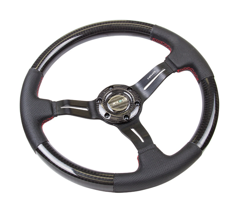 NRG Carbon Fiber Steering Wheel (350mm /1.5in. Deep) Leather Trim w/Red Stitch & Slit Cutout Spokes Steering Wheels NRG
