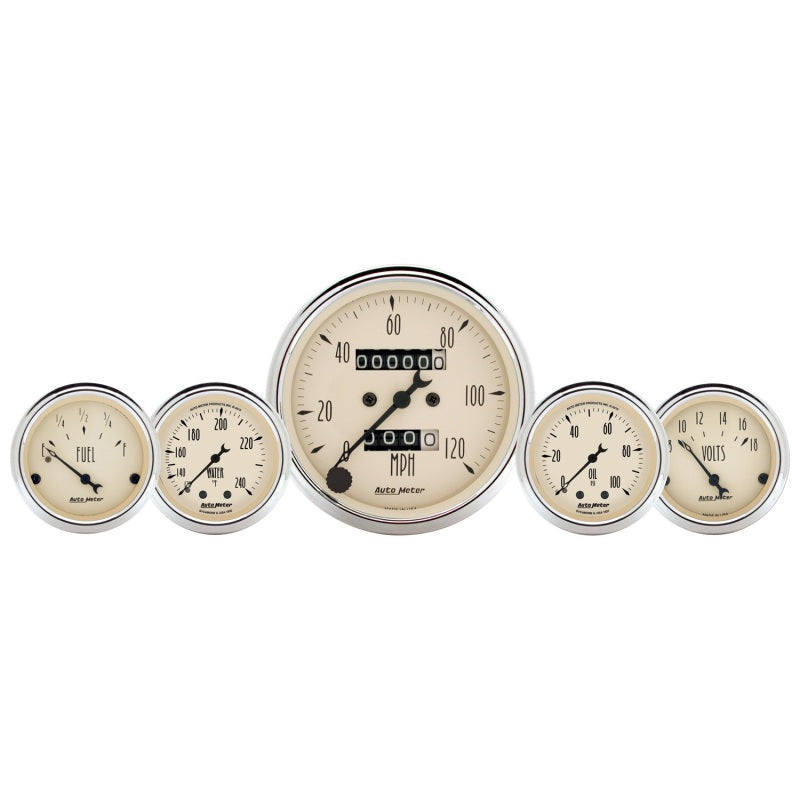 AutoMeter Gauge Kit 5 Pc. 3-1/8in. & 2-1/16in. Mech. Speedo. Wtmp & Oilp Antq Beige Gauges AutoMeter