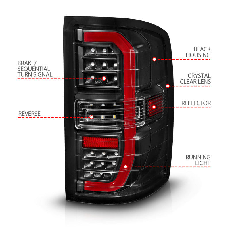 ANZO 14-18 GMC Sierra 1500 Full LED Taillights Black Housing Clear Lens (w/C Light Bars) Tail Lights ANZO