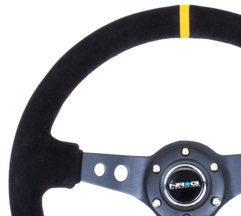 NRG Reinforced Steering Wheel (350mm / 3in. Deep) Blk Suede w/Circle Cut Spokes & Single Yellow CM Steering Wheels NRG