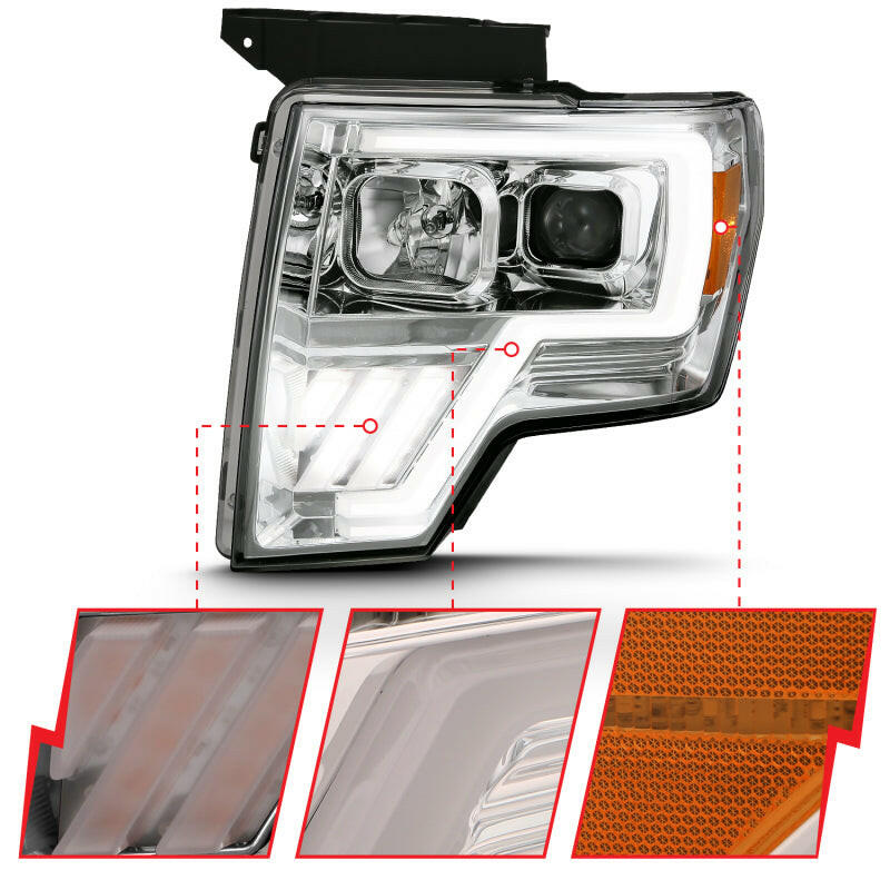 ANZO 2009-2013 Ford F-150 Projector Light Bar G4 Switchback Headlights Chrome Amber Headlights ANZO