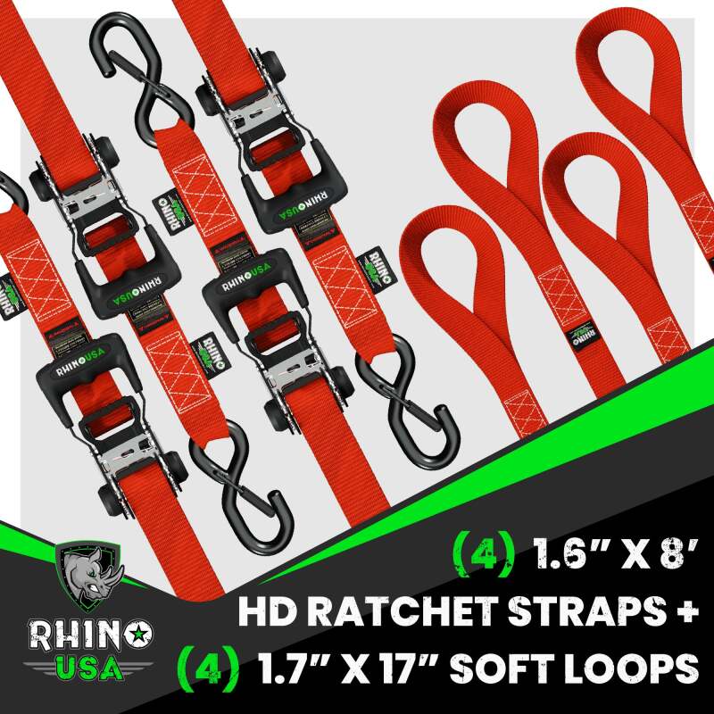 Rhino USA Heavy Duty Ratchet Tie-Down 4-Pack (Red) 1.6In X 8Ft Cargo Tie-Downs Rhino USA