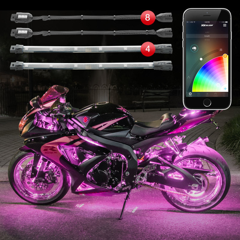 XK Glow Strip Million Color XKCHROME Smartphone App ATV/Motorcycle LED Light Kit 8xPod + 4x10In Light Accessories and Wiring XKGLOW