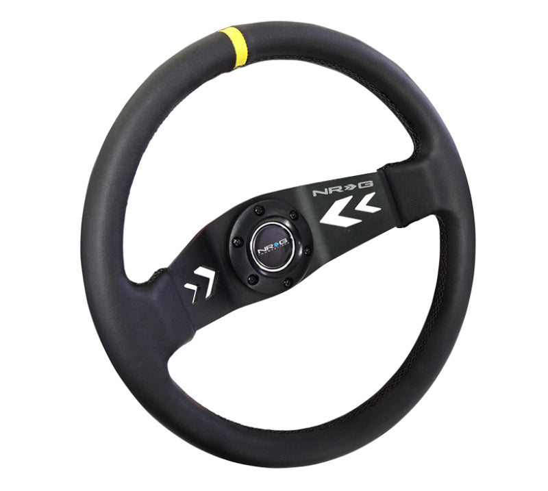 NRG Reinforced Steering Wheel (350mm / 3in Deep) Blk Leather w/NRG Arrow-Cut 2-Spoke & Sgl Yellow CM Steering Wheels NRG