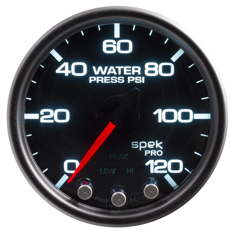 Autometer Spek-Pro Gauge Water Press 2 1/16in 120psi Stepper Motor W/Peak & Warn Blk/Smoke/Blk Gauges AutoMeter