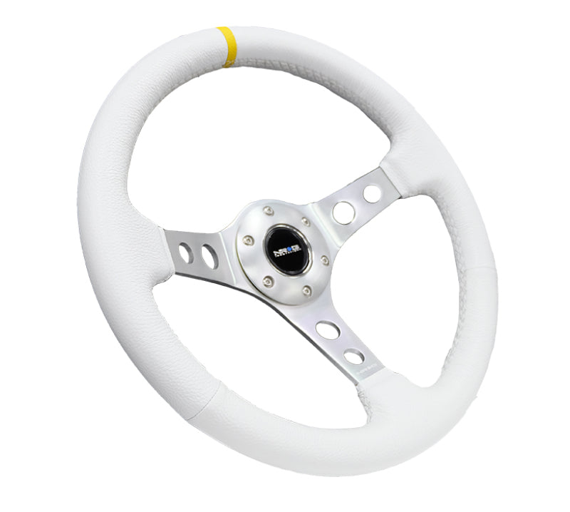 NRG Reinforced Steering Wheel (350mm / 3in. Deep) Wht Leather w/Silver Spoke & Single Yellow Mark Steering Wheels NRG