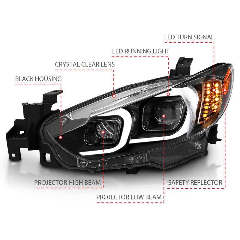 ANZO 2014-2015 Mazda 6 Projector Headlights w/ Plank Style Design Black Headlights ANZO