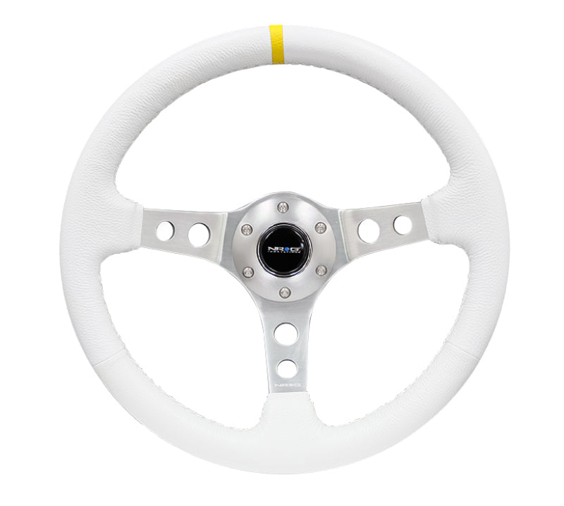 NRG Reinforced Steering Wheel (350mm / 3in. Deep) Wht Leather w/Silver Spoke & Single Yellow Mark Steering Wheels NRG