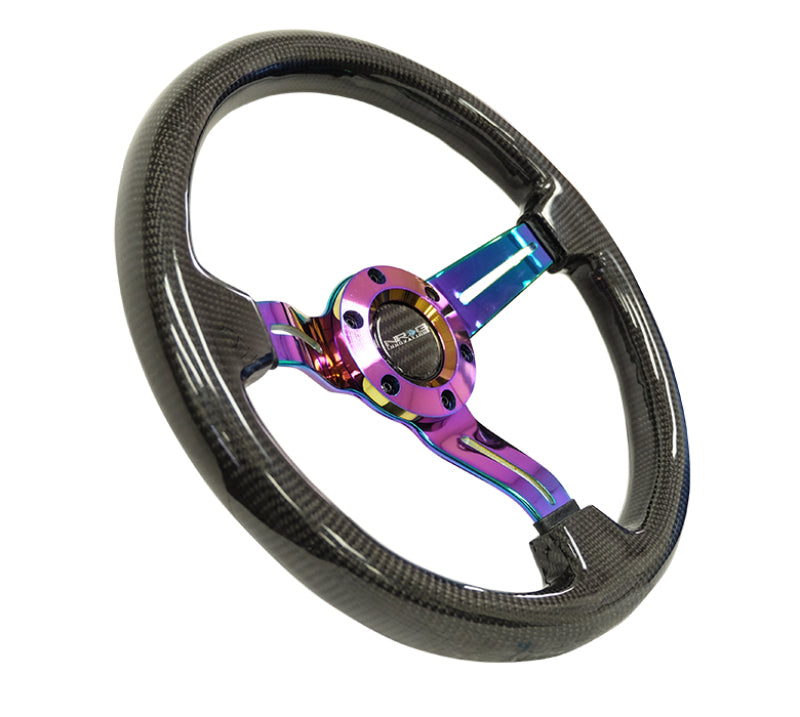 NRG Carbon Fiber Steering Wheel (350mm / 1.5in. Deep) Neochrome 3-Spoke Design w/Slit Cuts Steering Wheels NRG