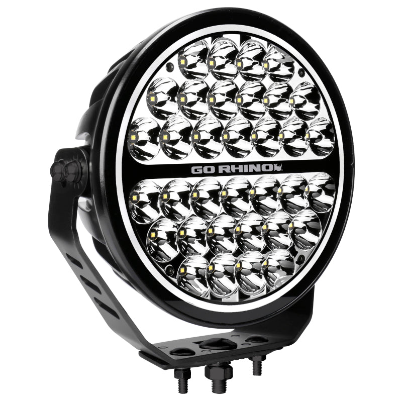Go Rhino Xplor Blackout Series Round Single LED Spot Light Kit w/DRL (Surface Mount) 9in. - Blk Light Bars & Cubes Go Rhino