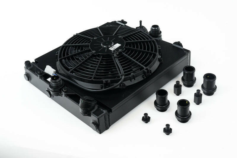 CSF Universal Half Radiator w/-16AN & Slip-On Fittings/12in SPAL Fan & Shroud - Black Finish Radiators CSF
