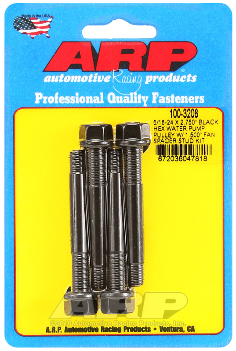 ARP 5/16-24 X 2.750 Black Hex Water Pump Pulley w/ 1.500in Fan Spacer Stud Kit Hardware - Singles ARP
