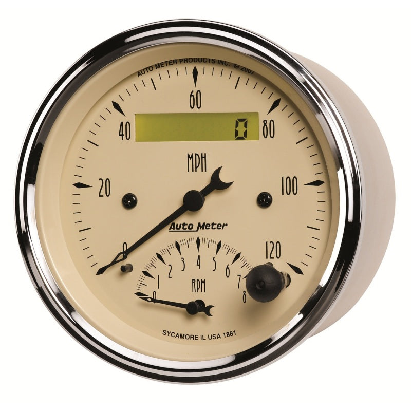 AutoMeter Gauge Tach/Speedo 3-3/8in. 120MPH & 8K RPM Elec. Program. Antq Beige Gauges AutoMeter