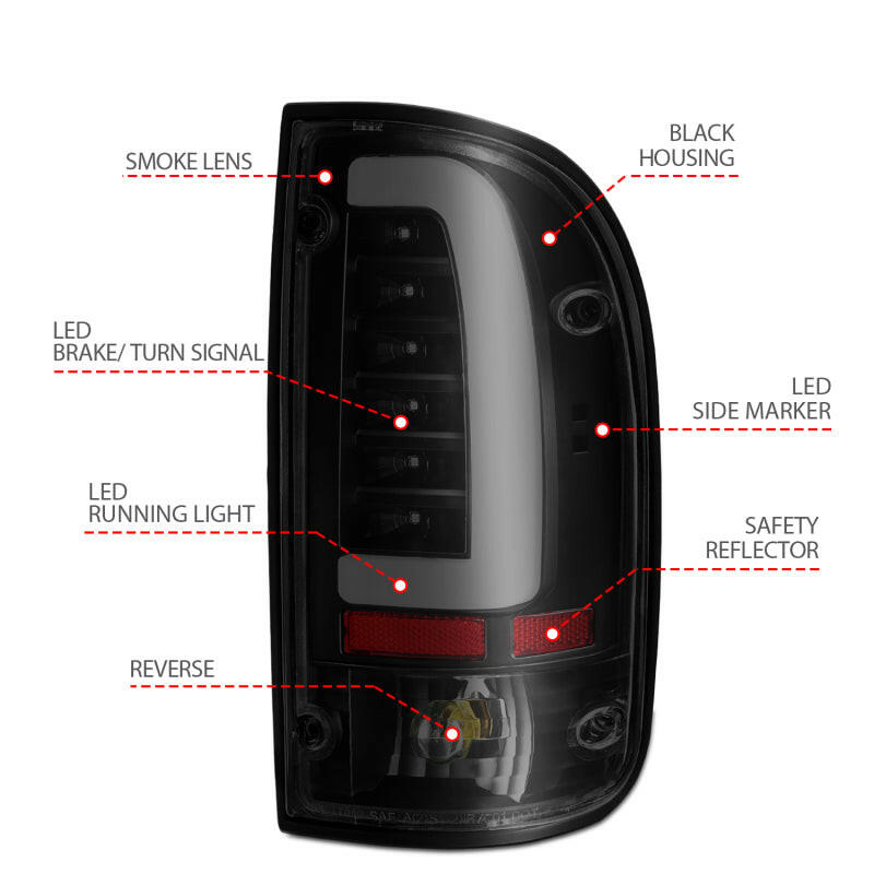 ANZO 1995-2000 Toyota Tacoma LED Taillights Black Housing Smoke Lens (Pair) Tail Lights ANZO