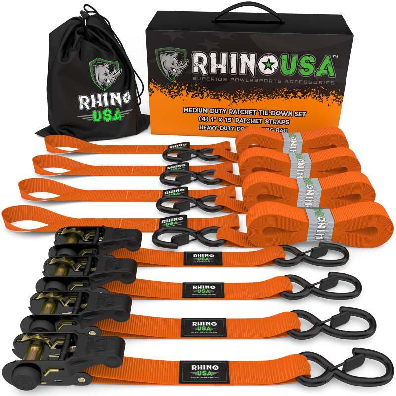 Rhino USA Medium Duty Ratchet Strap Tie-Down 4-Pack (Orange) Cargo Tie-Downs Rhino USA