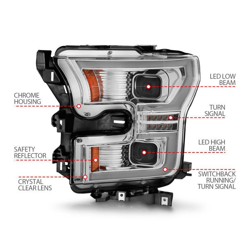 ANZO 15-17 Ford F-150 LED Projector Headlights - w/ Light Bar Switchback Chrome Housing Headlights ANZO