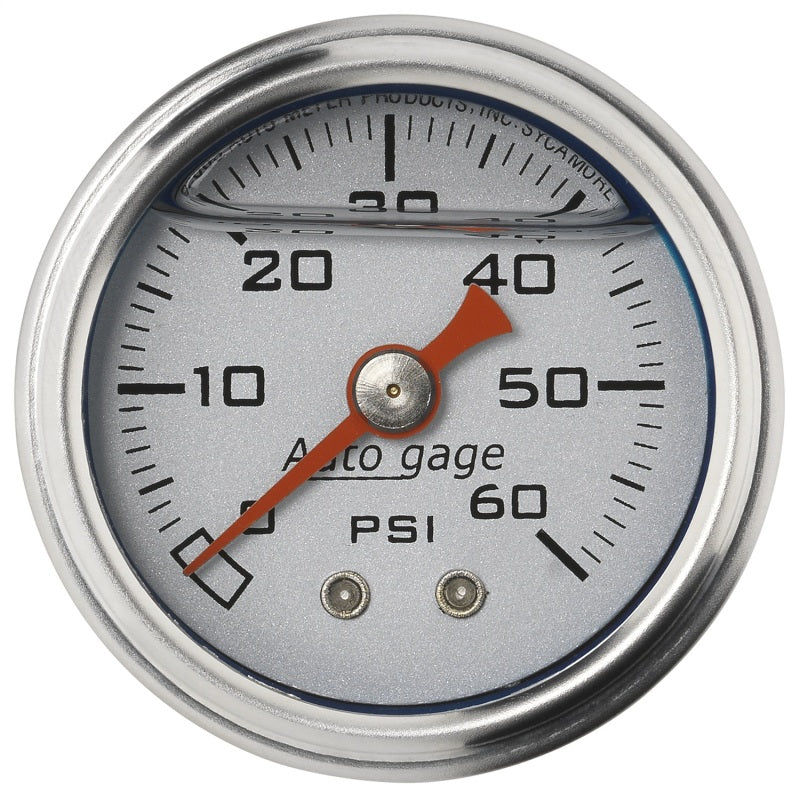 Autometer AutoGage 1.5in Liquid Filled Mechanical 0-60 PSI Fuel Pressure Gauge - Silver Gauges AutoMeter