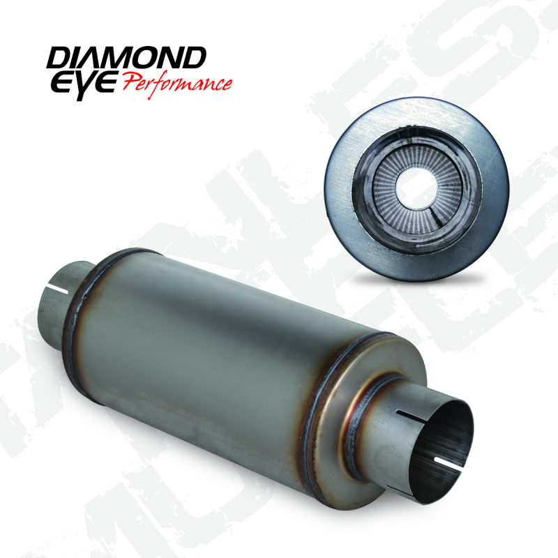 Diamond Eye MFLR 4inID SGL IN/SGL OUT 7inDIA X 14in BODY 20in LENGTH PERF SLOTTED ENDS 409 SS Muffler Diamond Eye Performance
