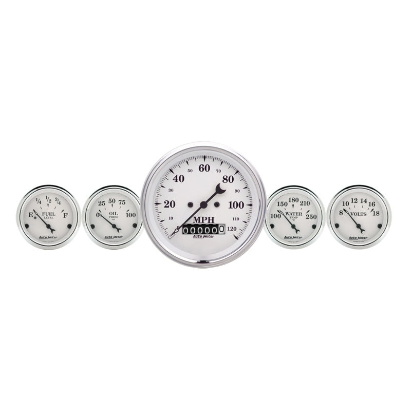 AutoMeter Gauge Kit 5 Pc. 3-3/8in. & 2-1/16in. Elec. Speedometer Old Tyme White Gauges AutoMeter