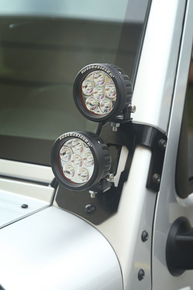 Rugged Ridge 07-18 Jeep Wrangler JK Semi-Gloss Black Round A-Pillar LED Light Mount Kit Light Mounts Rugged Ridge
