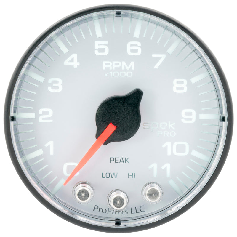 Autometer Spek-Pro Gauge Tach 2 1/16in 11K Rpm W/ Shift Light & Peak Mem Wht/Blk Gauges AutoMeter
