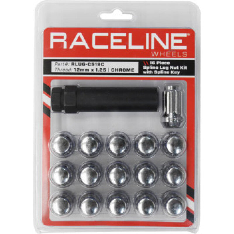 Raceline Spline Lug Nut Kit with Spline Key 12 x 1.25 - 16 Pack - Chrome Wheel Accessories Raceline
