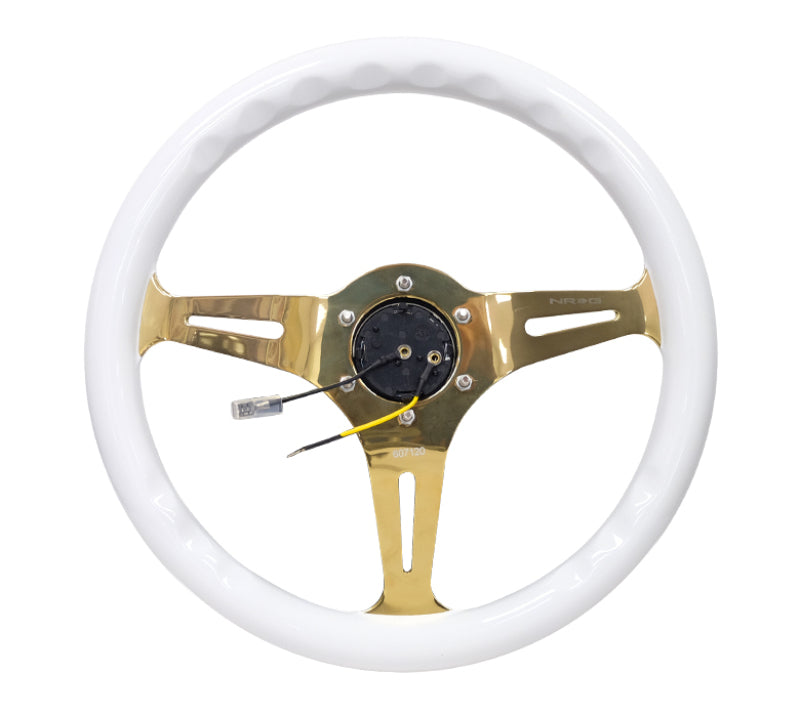 NRG Classic Wood Grain Steering Wheel (350mm) White Grip w/Chrome Gold 3-Spoke Center Steering Wheels NRG