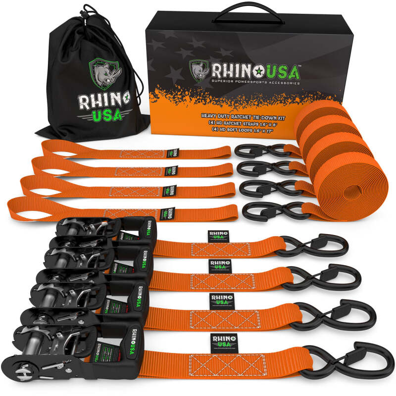 Rhino USA Heavy Duty Ratchet Tie-Down 4-Pack (Orange) 1.6In X 8Ft Cargo Tie-Downs Rhino USA