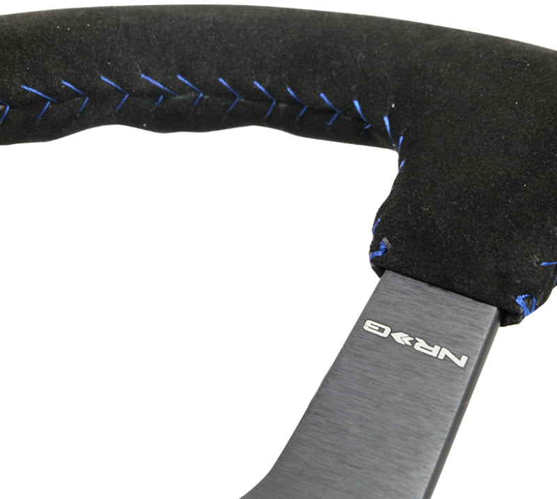 NRG Reinforced Steering Wheel (350mm / 3in. Deep) Blk Suede/Blue BBall Stitch w/5mm Matte Blk Spokes Steering Wheels NRG