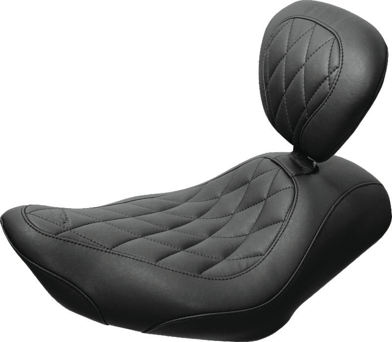 Mustang 04-21 Harley Sportster Wide Tripper Solo Seat w/Driver Backrest Diamond Stitch - Black Solo Motorcycle Seats Mustang Motorcycle
