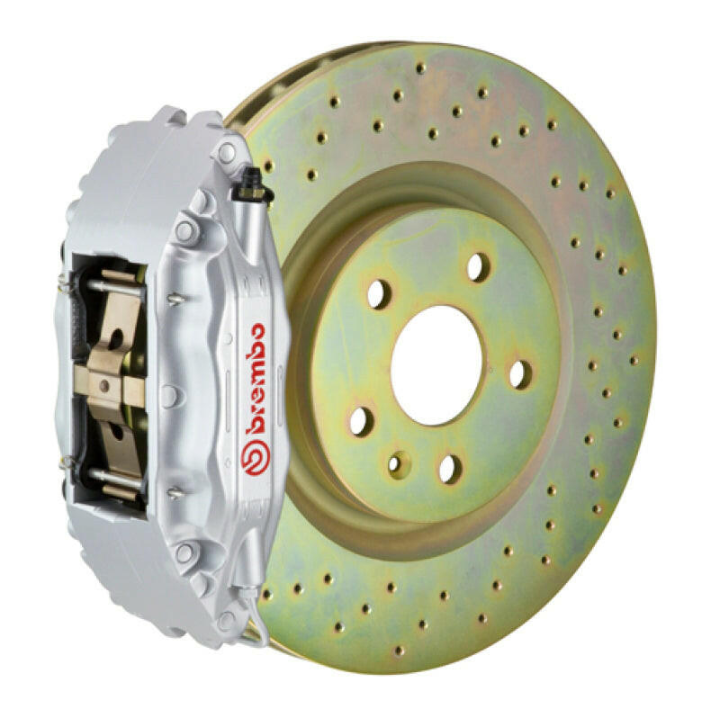 Brembo 82-89 6-Series Front GT BBK 4 Piston Cast 2pc 332x32 1pc Rotor Drilled-Silver Brake Kits - Performance Slot Brembo