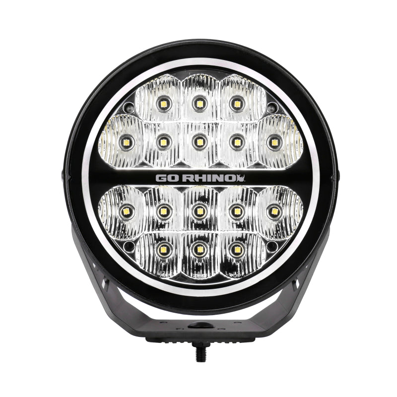 Go Rhino Xplor Blackout Series Round LED Driving Light w/DRL (Surface/Threaded Stud Mnt) 7in. - Blk Light Bars & Cubes Go Rhino