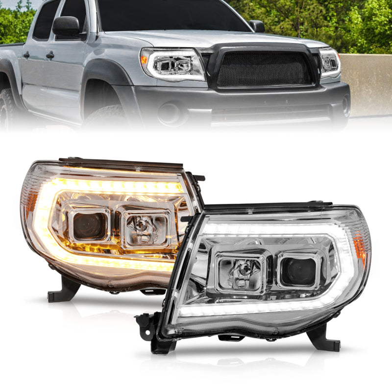 ANZO 05-11 Toyota Tacoma Projector Headlights w/Light Bar Switchback Chrome Housing Headlights ANZO