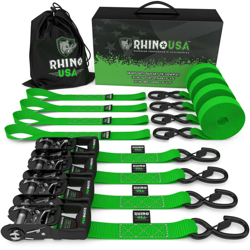 Rhino USA Heavy Duty Ratchet Tie-Down 4-Pack Green 1.6In X 15Ft Cargo Tie-Downs Rhino USA