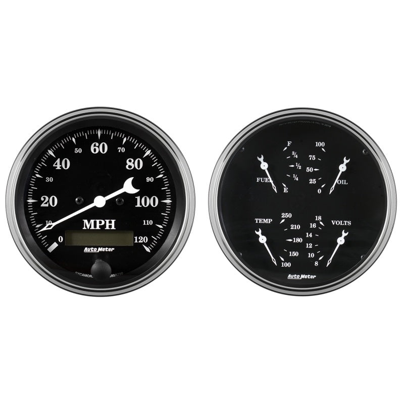Auto Meter Gauge Kit 2 pc. Quad & Speedometer 5in Old Tyme Black Gauges AutoMeter
