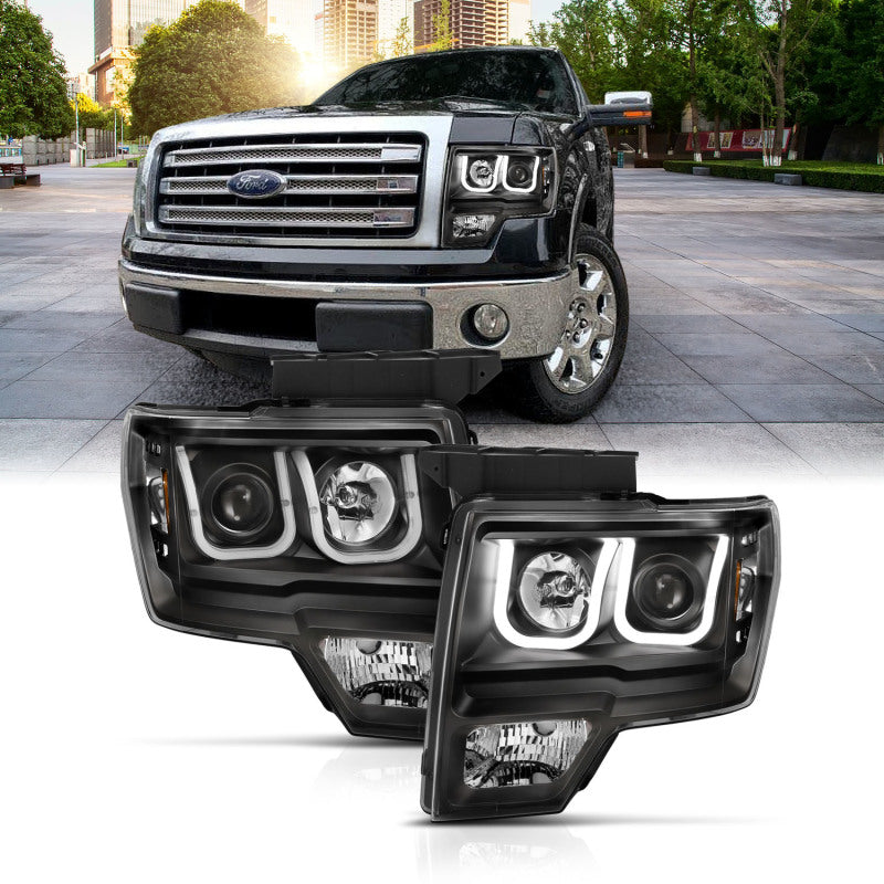 ANZO 2009-2014 Ford F-150 Projector Headlights w/ U-Bar Switchback Black w/ Amber Headlights ANZO
