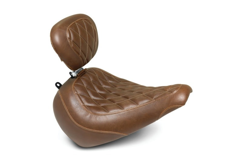 Mustang 18-21 Harley Fat Boy Wide Tripper Solo Seat w/Driver Backrest Diamond Stitch - Brown Solo Motorcycle Seats Mustang Motorcycle