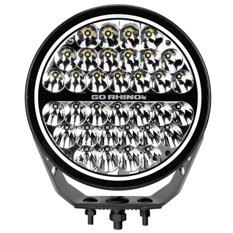 Go Rhino Xplor Blackout Series Round Single LED Spot Light Kit w/DRL (Surface Mount) 9in. - Blk Light Bars & Cubes Go Rhino