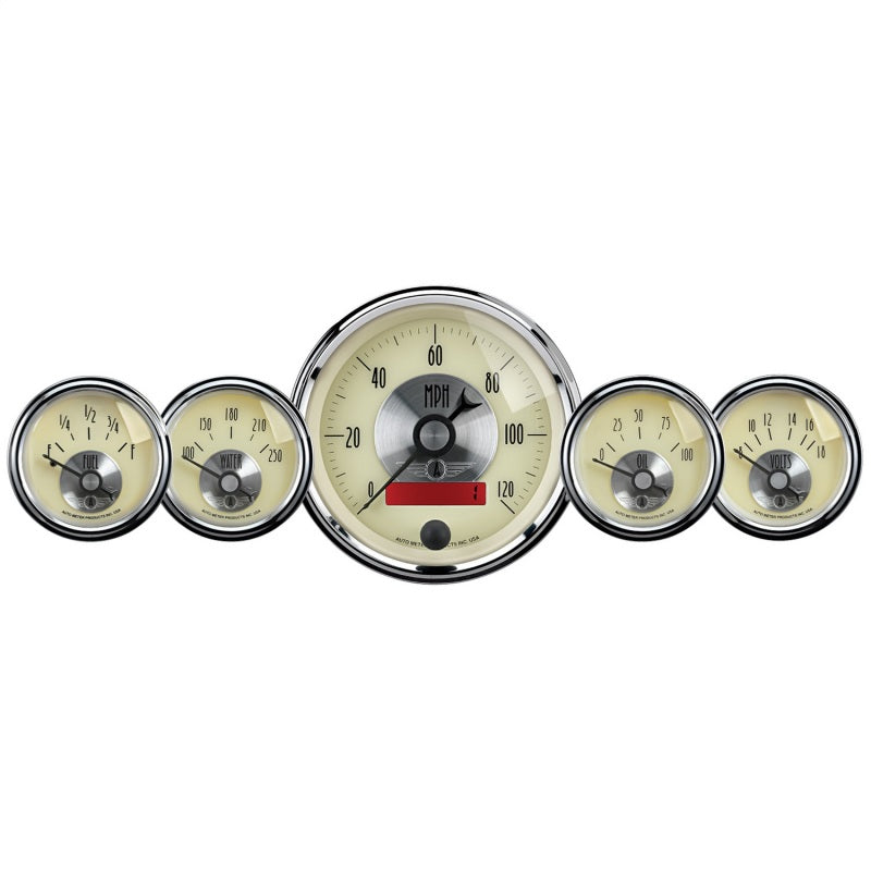 AutoMeter Gauge Kit 5 Pc. 3-3/8in. & 2-1/16in. Elec. Speedo W/Lcd Odo Prestige Antq. Ivory Gauges AutoMeter
