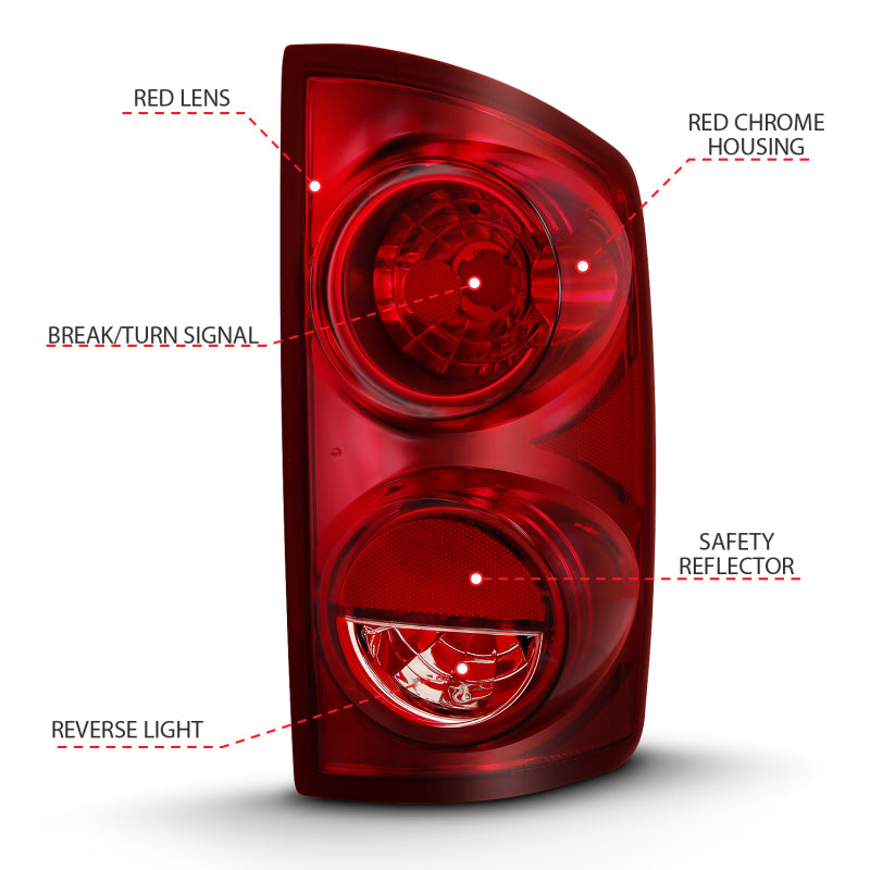 ANZO 2007-2009 Dodge Ram 1500 Tail Light Red Lens (OE) Tail Lights ANZO