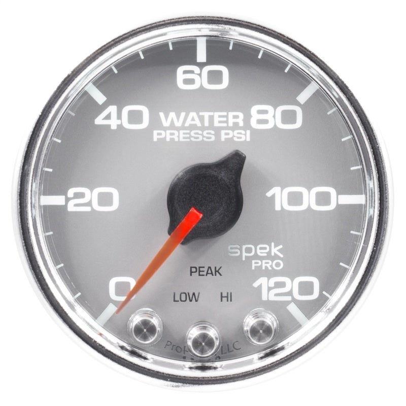 Autometer Spek-Pro Gauge Water Press 2 1/16in 120psi Stepper Motor W/Peak & Warn Slvr/Chrm Gauges AutoMeter
