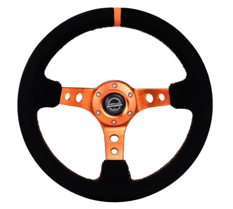 NRG Reinforced Steering Wheel (350mm/ 3in. Deep) Black Suede/ Orange Center Mark/ Orange Stitching Steering Wheels NRG