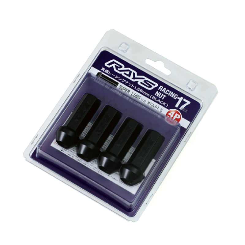 Rays 17 Hex Racing Nut Set L58 Super Long Type 12x1.50 - Black Chromate (4 Pieces) Lug Nuts Rays