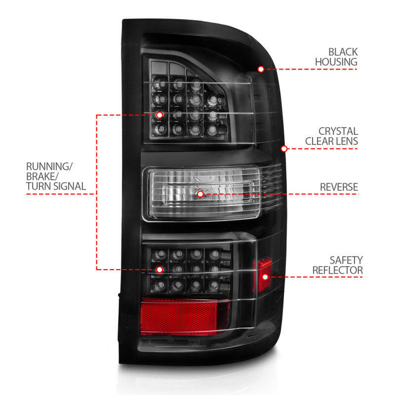 ANZO 2014-2018 GMC Sierra LED Tail Lights Black Housing Clear Lens Tail Lights ANZO